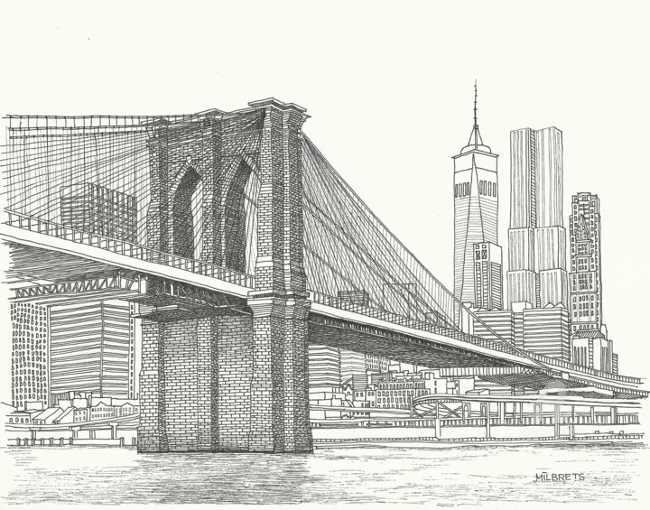 Drawing titled "Brooklyn Bridge. NYC" by Lauris Milbrets, Original Artwork, Gel pen