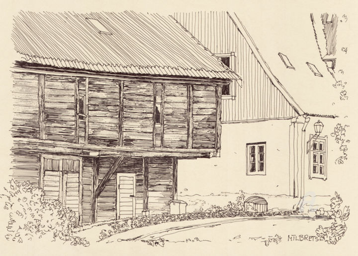 Disegno intitolato "Old House in Kuldig…" da Lauris Milbrets, Opera d'arte originale, Penna gel