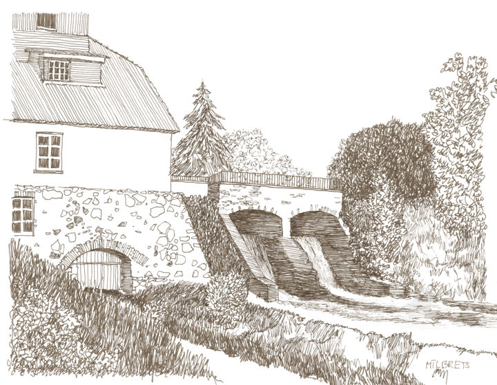 图画 标题为“Zleku Watermill. La…” 由Lauris Milbrets, 原创艺术品, 圆珠笔