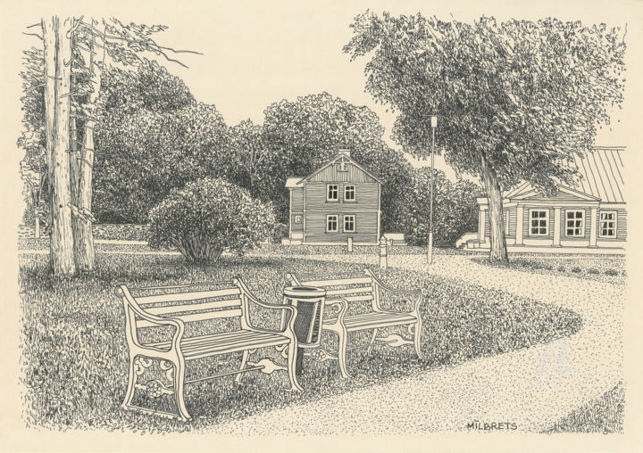 Drawing titled "Two Benches." by Lauris Milbrets, Original Artwork, Gel pen