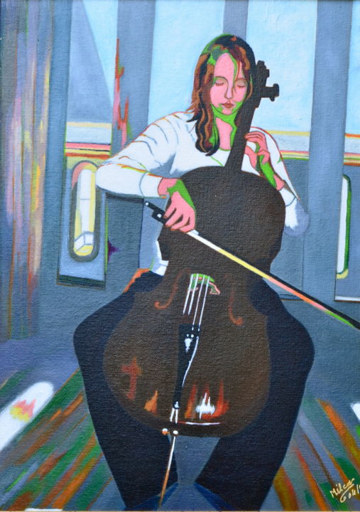 Schilderij getiteld "La violoncelliste" door François Milcar, Origineel Kunstwerk, Olie