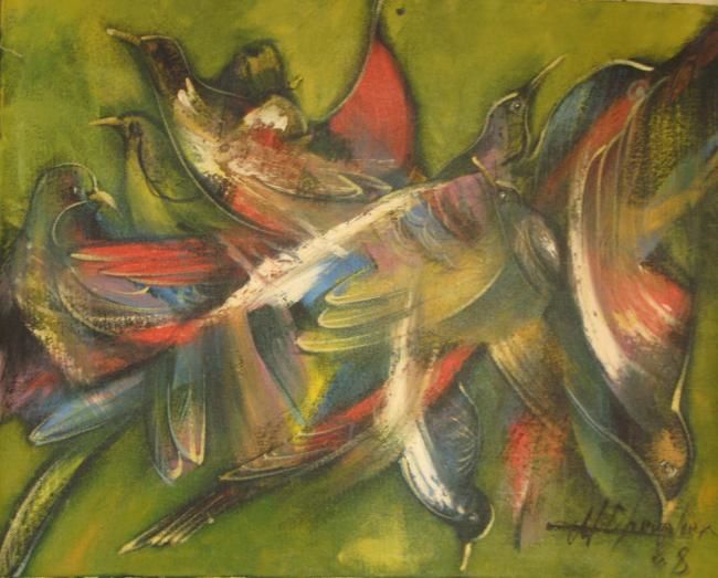 Painting titled "CONJUNTOS DE AVES" by Mildor Chevalier, Original Artwork, Oil