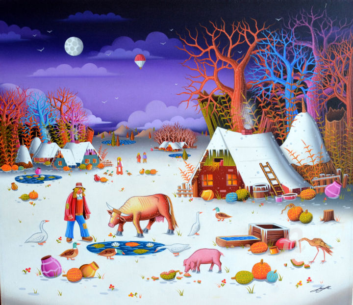 Painting titled "Purple winter" by Mile Davidovic, Original Artwork, Oil