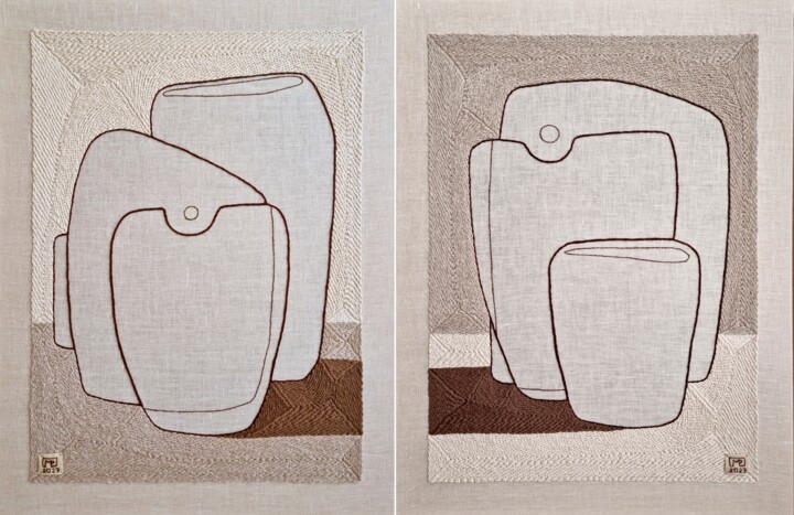 Textielkunst getiteld "Large Diptych Texti…" door Milena Paladino, Origineel Kunstwerk, Borduurwerk