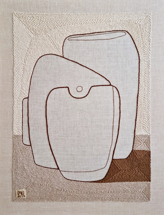 Textielkunst getiteld "Vase Composition XI…" door Milena Paladino, Origineel Kunstwerk, Borduurwerk