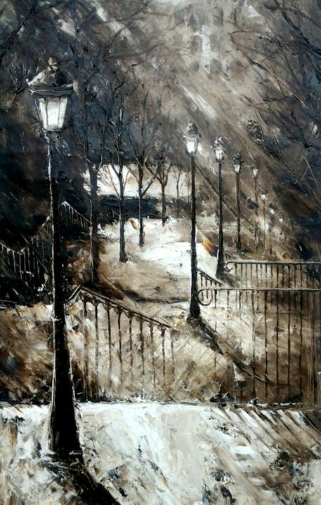 Peinture intitulée "Montmartre Stairs" par Milena Hristova, Œuvre d'art originale, Huile