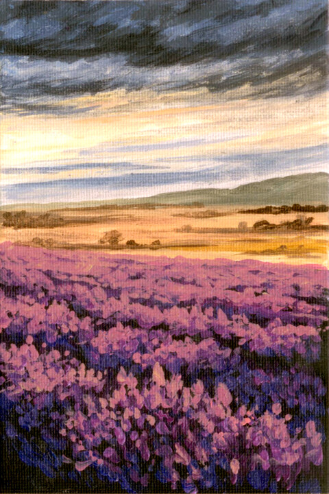 Pintura titulada "Lavender at sunset" por Yulia Zhdanovich (MiliArt), Obra de arte original, Acrílico Montado en Cartulina