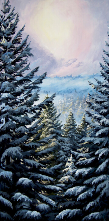 Painting titled "WINTER LANDSCAPE IN…" by Yulia Zhdanovich (MiliArt), Original Artwork, Acrylic Mounted on Wood Stretcher fr…