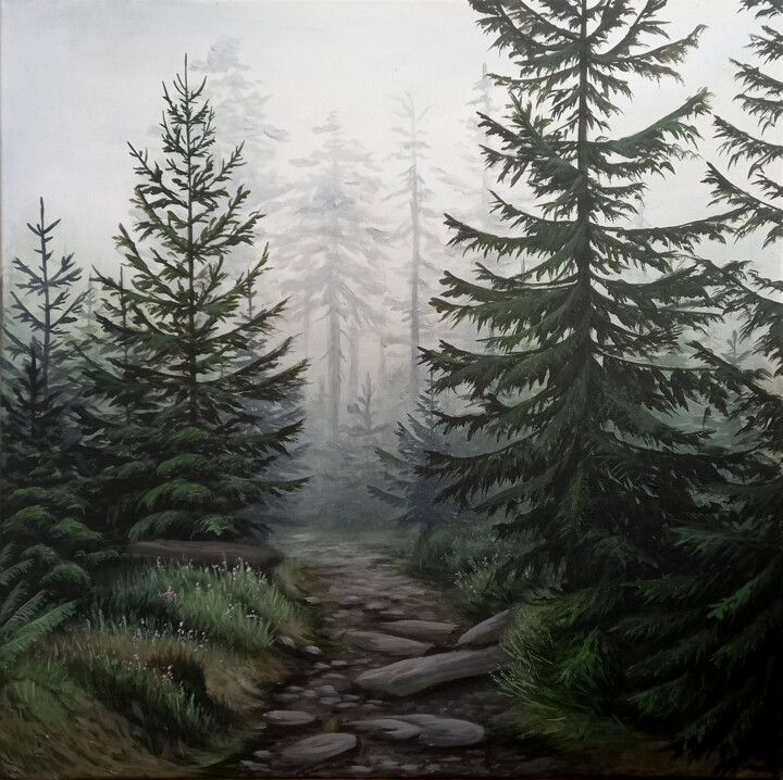 Pintura intitulada "Road in the misty f…" por Yulia Zhdanovich (MiliArt), Obras de arte originais, Acrílico Montado em Armaç…
