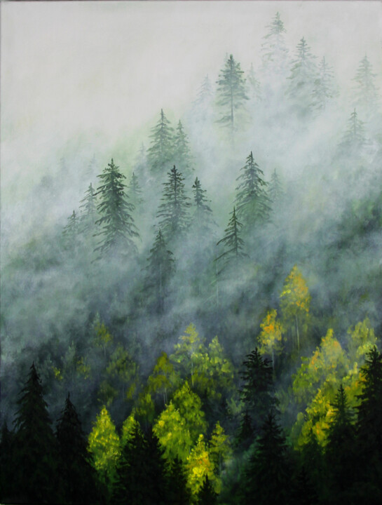 Painting titled "Foggy forest autumn" by Yulia Zhdanovich (MiliArt), Original Artwork, Acrylic Mounted on Wood Stretcher fra…