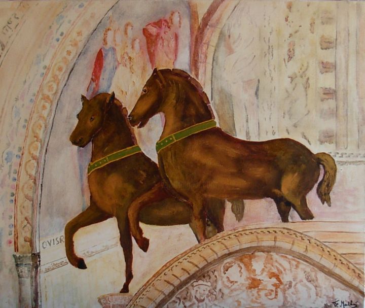 Peinture intitulée "venise-les-chevaux-…" par Fram, Œuvre d'art originale