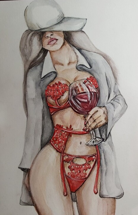Painting titled "Lady in red ❤🍷" by Milka Emilia, Original Artwork, Watercolor