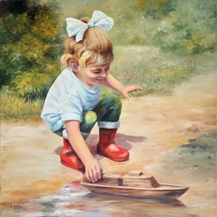 Картина под названием "девочка с лодочкой" - Milka Lepler, Подлинное произведение искусства, Масло