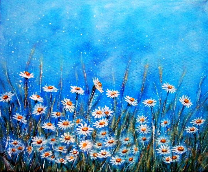Painting titled "Daisy in the meadow…" by Milka Urbaníková, Original Artwork, Oil