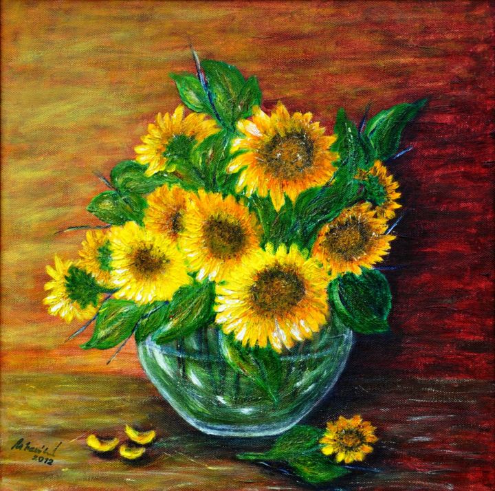 Painting titled "Still life - Sunflo…" by Milka Urbaníková, Original Artwork, Acrylic