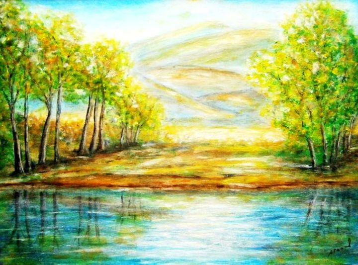 Painting titled "Morning at the lake…" by Milka Urbaníková, Original Artwork, Acrylic