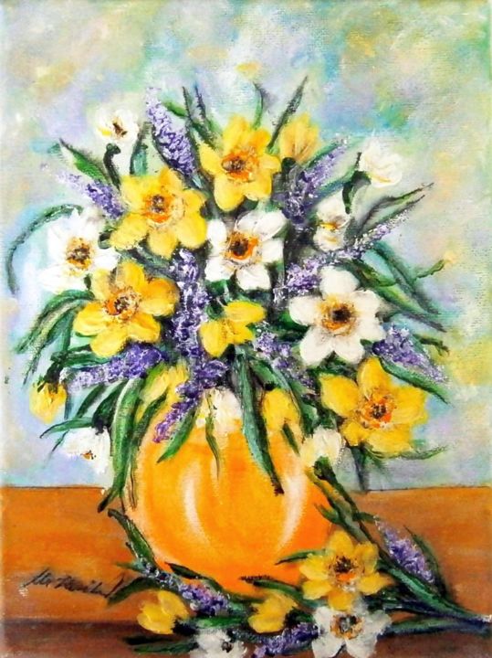 Painting titled "Still life - daffod…" by Milka Urbaníková, Original Artwork, Acrylic