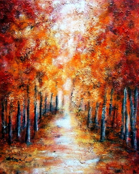 Painting titled "In the red woods .." by Milka Urbaníková, Original Artwork, Acrylic