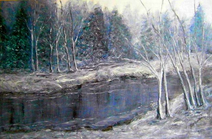 Painting titled "Winter by the river…" by Milka Urbaníková, Original Artwork, Oil