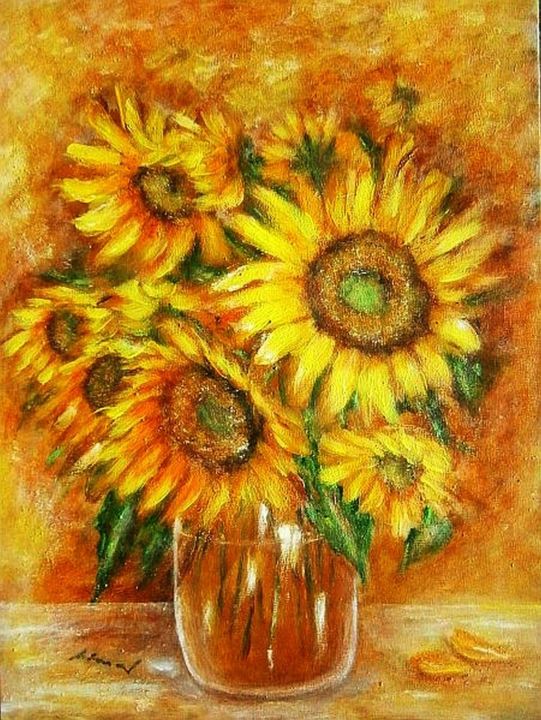 Painting titled "Sunflowers in a vas…" by Milka Urbaníková, Original Artwork, Acrylic