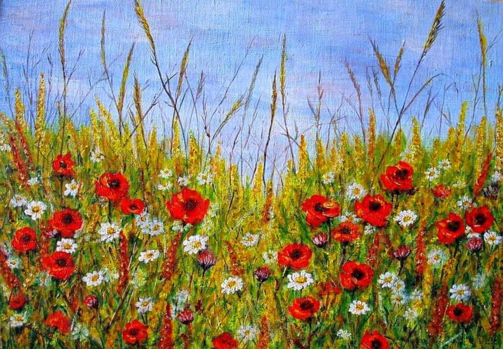 Painting titled "Summer flowers in c…" by Milka Urbaníková, Original Artwork, Acrylic