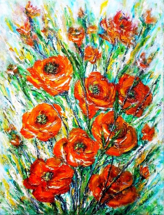 Painting titled "Poppies in the gard…" by Milka Urbaníková, Original Artwork, Oil