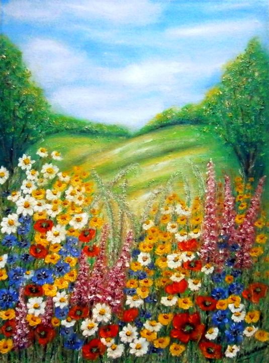 Malarstwo zatytułowany „Meadow flowers 6” autorstwa Milka Urbaníková, Oryginalna praca, Olej