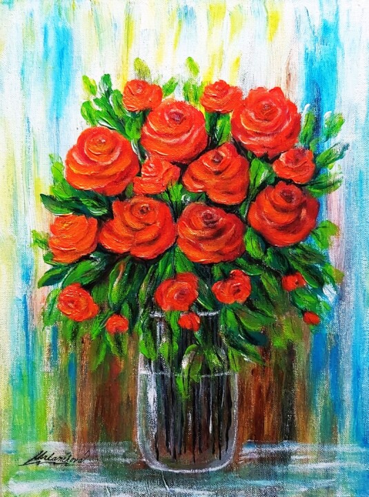 Painting titled "A bouquet of red ro…" by Milka Urbaníková, Original Artwork, Acrylic