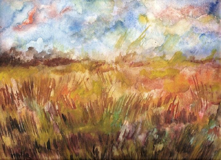 Картина под названием "in-a-cornfield.jpg" - Milla, Подлинное произведение искусства, Акварель