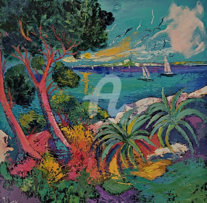 Painting titled "Calanque aux cactus" by Milorv, Original Artwork, Oil