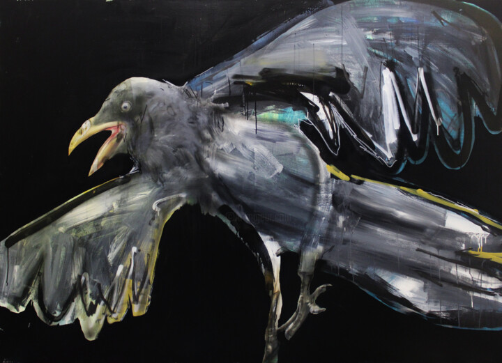 Painting titled "Black bird" by Miloš Hronec, Original Artwork, Oil