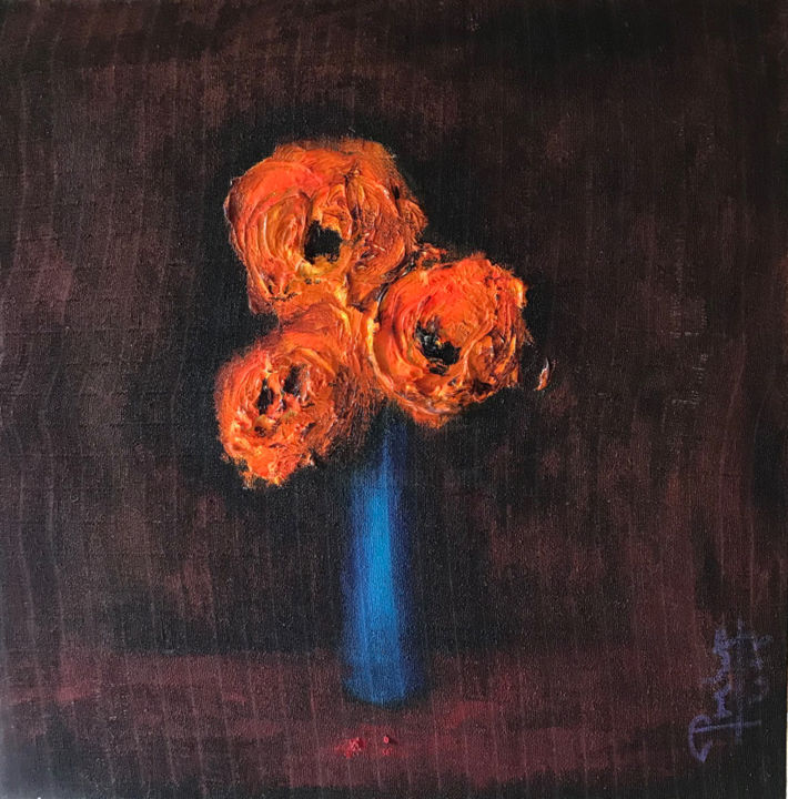 Ζωγραφική με τίτλο "Three orange roses" από Miloš Prekop, Αυθεντικά έργα τέχνης, Ακρυλικό