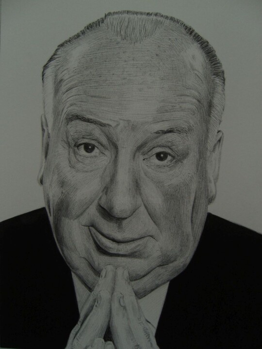 Dessin intitulée "Alfred Hitchcock" par Milto Sideris, Œuvre d'art originale, Stylo à bille
