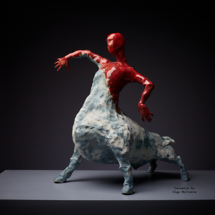 Sculpture titled ""Bullfighting"" by Oly Miltys, Original Artwork, Ceramics