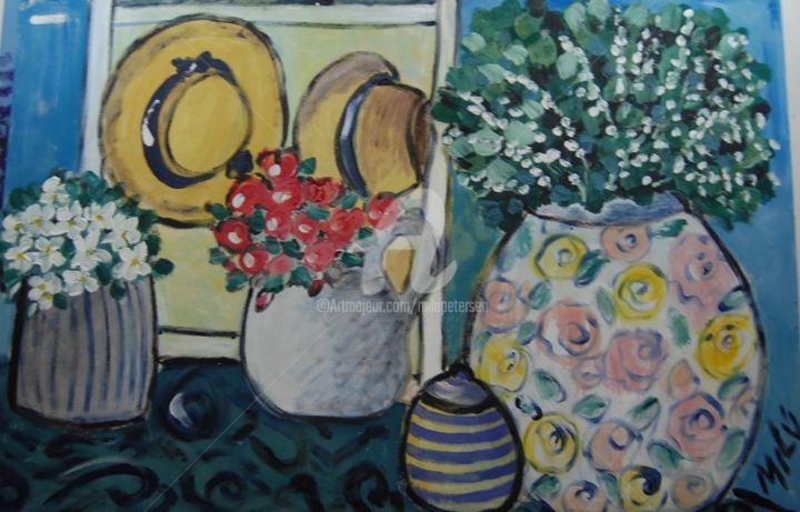 Painting titled "vasos de flores com…" by Milu Petersen, Original Artwork
