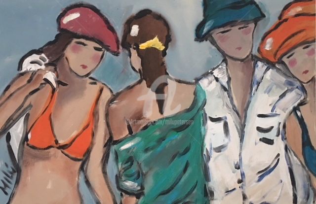 Peinture intitulée "grupo de praia" par Milu Petersen, Œuvre d'art originale
