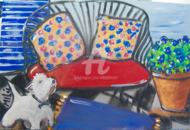 Painting titled "o sofa e o cachorro" by Milu Petersen, Original Artwork