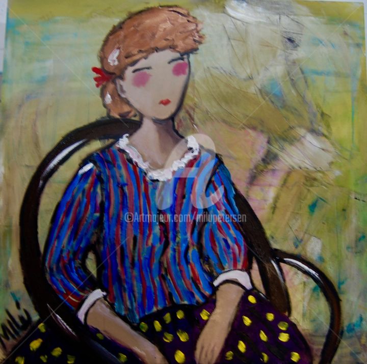 Painting titled "menina sentada blus…" by Milu Petersen, Original Artwork, Acrylic