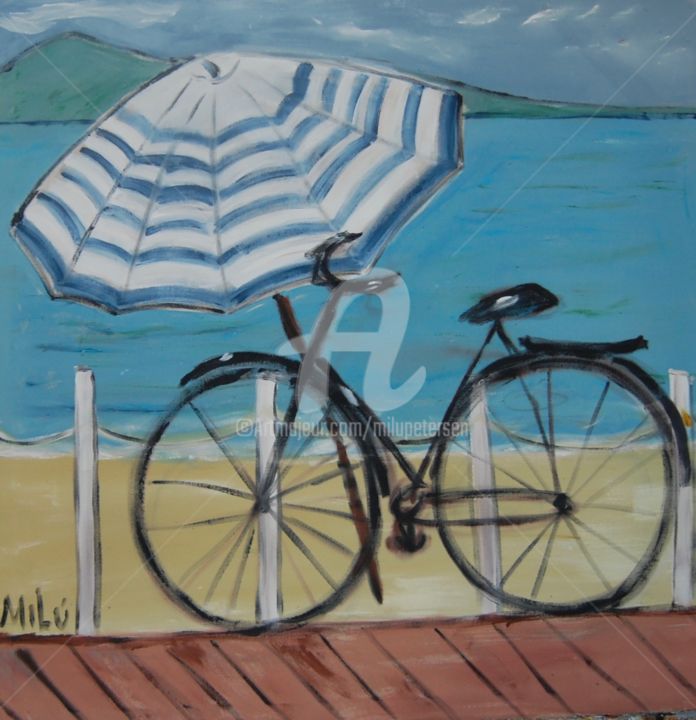 Schilderij getiteld "bike e guardasol" door Milu Petersen, Origineel Kunstwerk