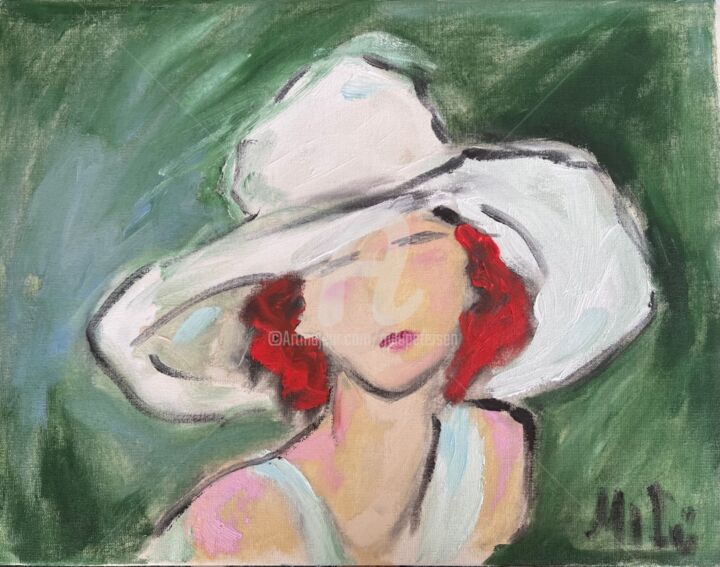 Malerei mit dem Titel "girl with white hat" von Milu Petersen, Original-Kunstwerk, Öl