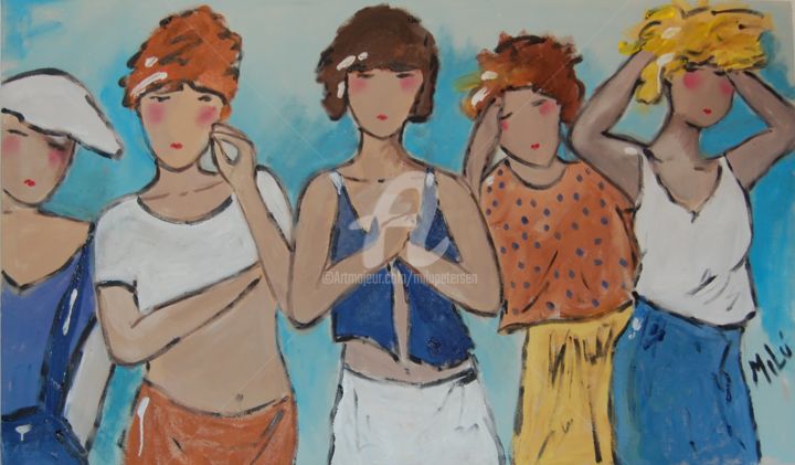 Schilderij getiteld "grupo de meninas" door Milu Petersen, Origineel Kunstwerk