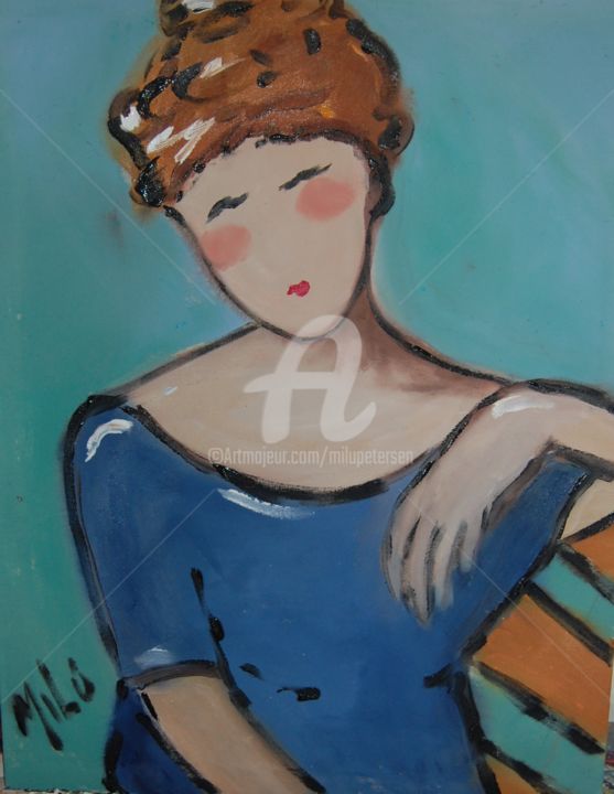 Painting titled "mulher blusa azul" by Milu Petersen, Original Artwork, Acrylic