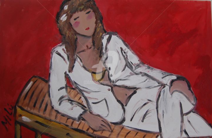 Painting titled "fundo vermelho mulh…" by Milu Petersen, Original Artwork