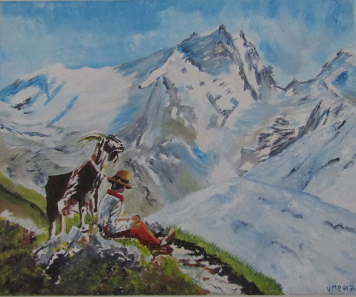 Painting titled "La montagne d'Heïdi" by Mireille Alberi, Original Artwork, Oil