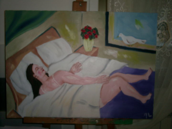 Painting titled "Donna sul letto" by Rosalind, Original Artwork