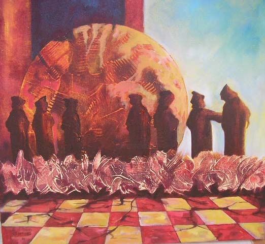 Peinture intitulée "Rencontre de sages-2" par Hassane Mimouni, Œuvre d'art originale