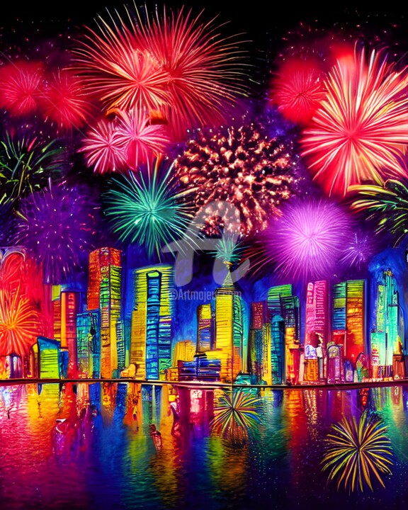 Arts numériques intitulée "Fireworks over city…" par Mina Nakamura, Œuvre d'art originale, Peinture numérique