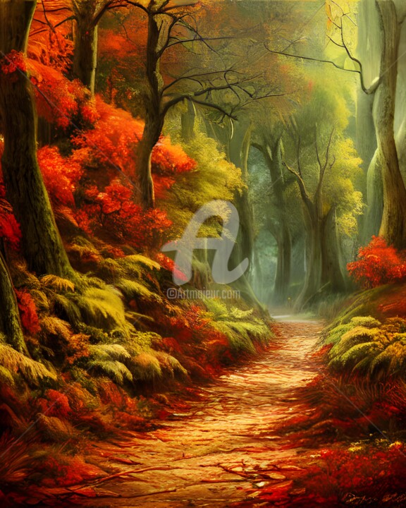 Arte digital titulada "Path in autumn fore…" por Mina Nakamura, Obra de arte original, Pintura Digital