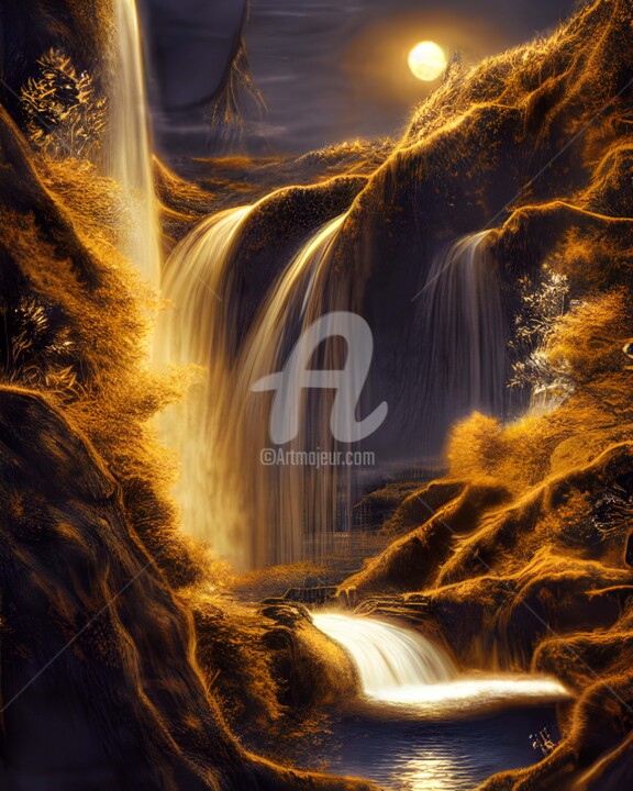 Digital Arts titled "River & golden moon" by Mina Nakamura, Original Artwork, Digital Painting