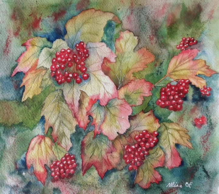 Peinture intitulée "baies et feuilles" par Mina Minakoirel, Œuvre d'art originale,